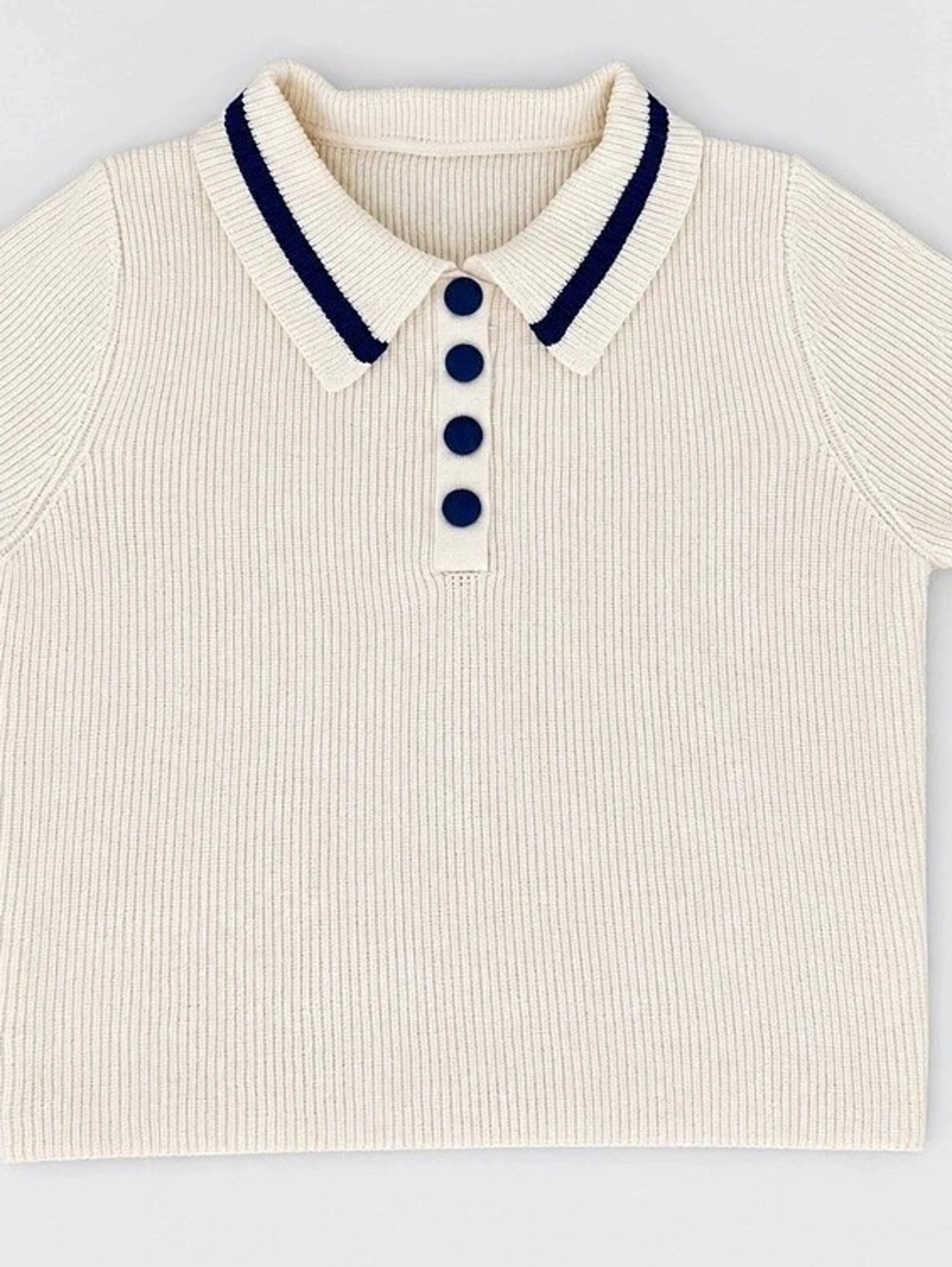 Cream & Blue Striped Knit Polo